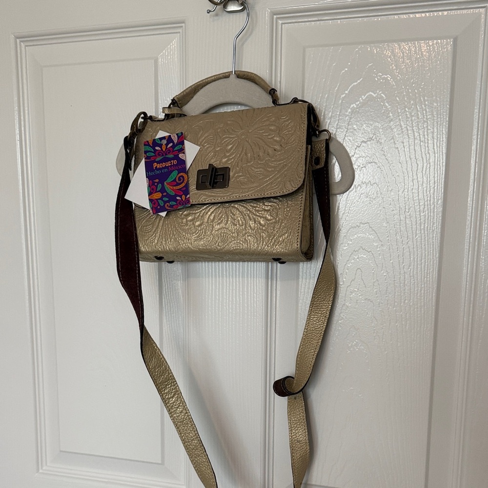 Embossed Metallic Beige Crossbody Satchel